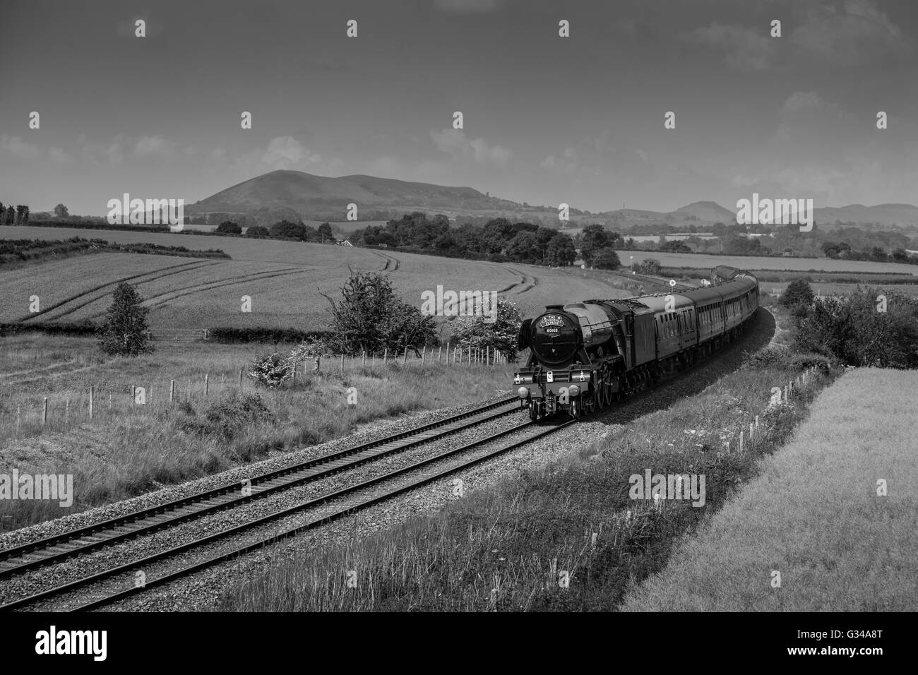 Flying Scotsman auf der Marken-Linie (Cardiff, Manchester) zwischen Craven Arms und Kirche Stretton, Shropshire Stockfoto