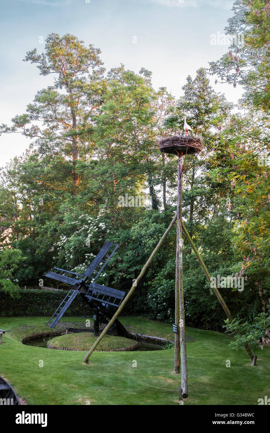 Giethoorn, Niederlande. Tjasker Windmühle und Störche nisten Pol mit Störche auf dem Nest im Garten des Museums ' t Olde Maat Uus. Stockfoto