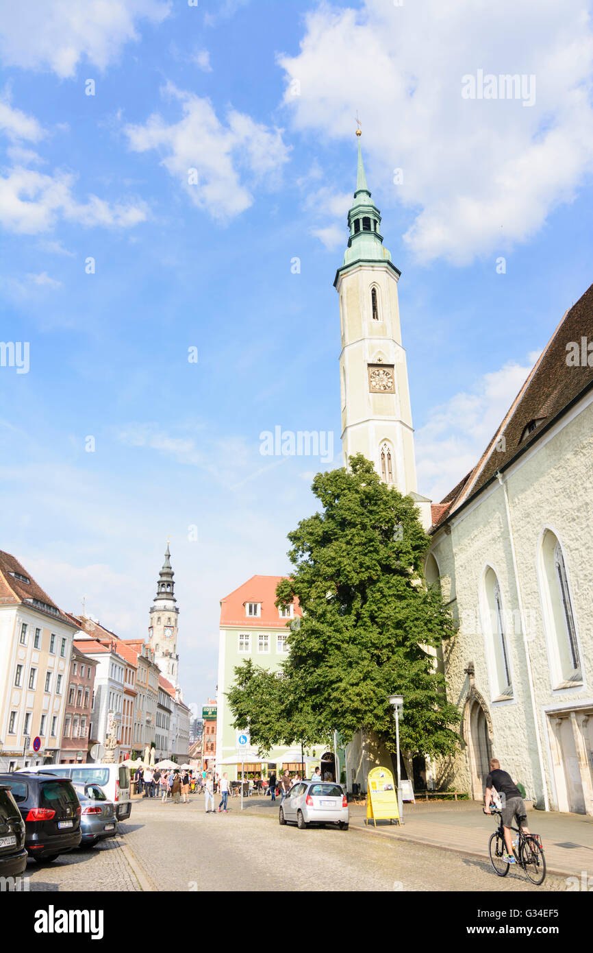 Obermarkt mit der Trinity Church (rechts), dahinter Rathausturm, Deutschland, Sachsen, Sachsen, Görlitz Stockfoto
