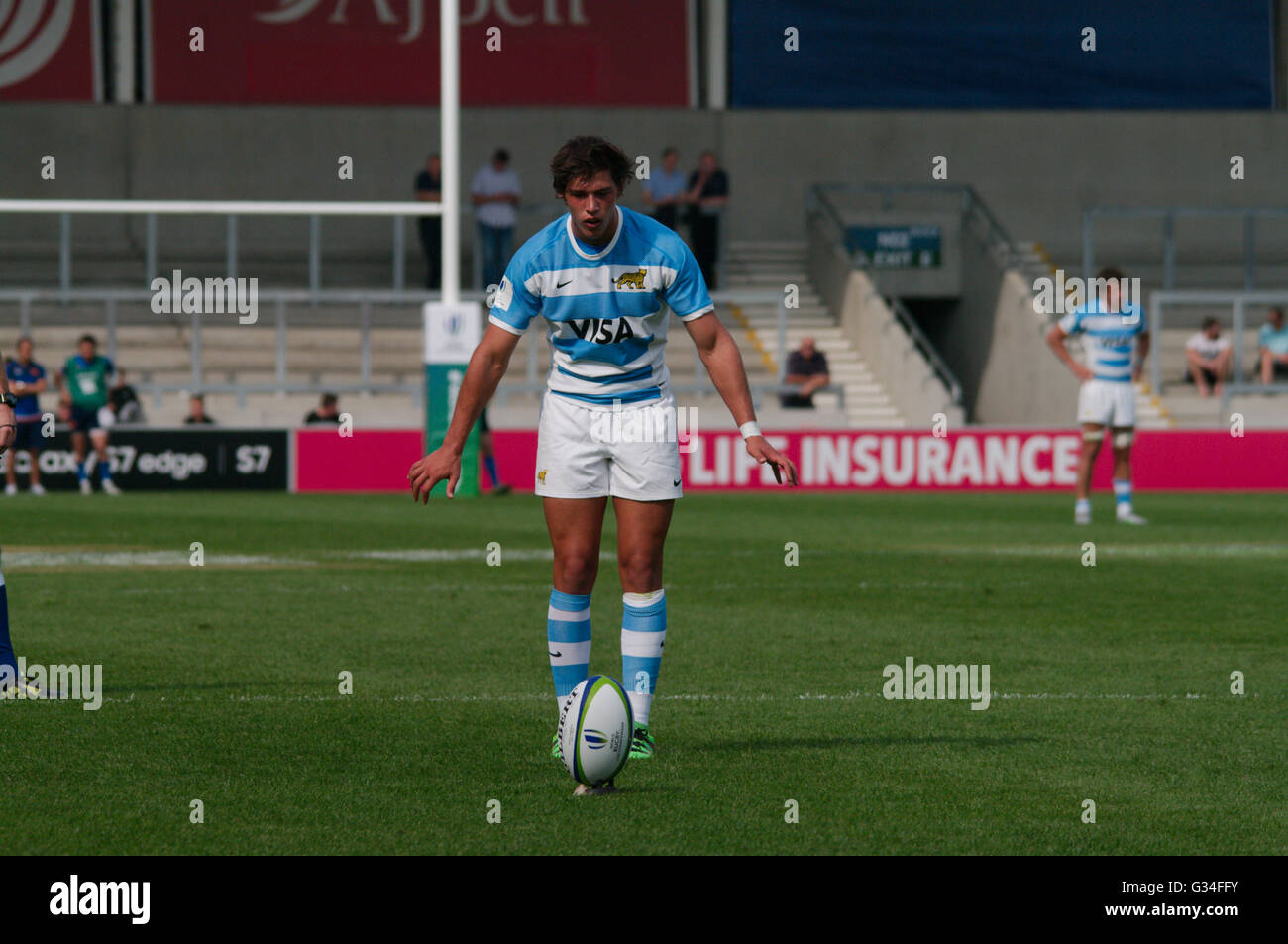 Salford, UK, 7. Juni 2016, Martin Elias von Argentinien bereitet eine Konvertierung gegen Frankreich in einem Pool Spiel der Welt Rugby U20 Meisterschaft 2016 AJ Bell Stadium zu treten. Credit: Colin Edwards/Alamy leben Nachrichten Stockfoto