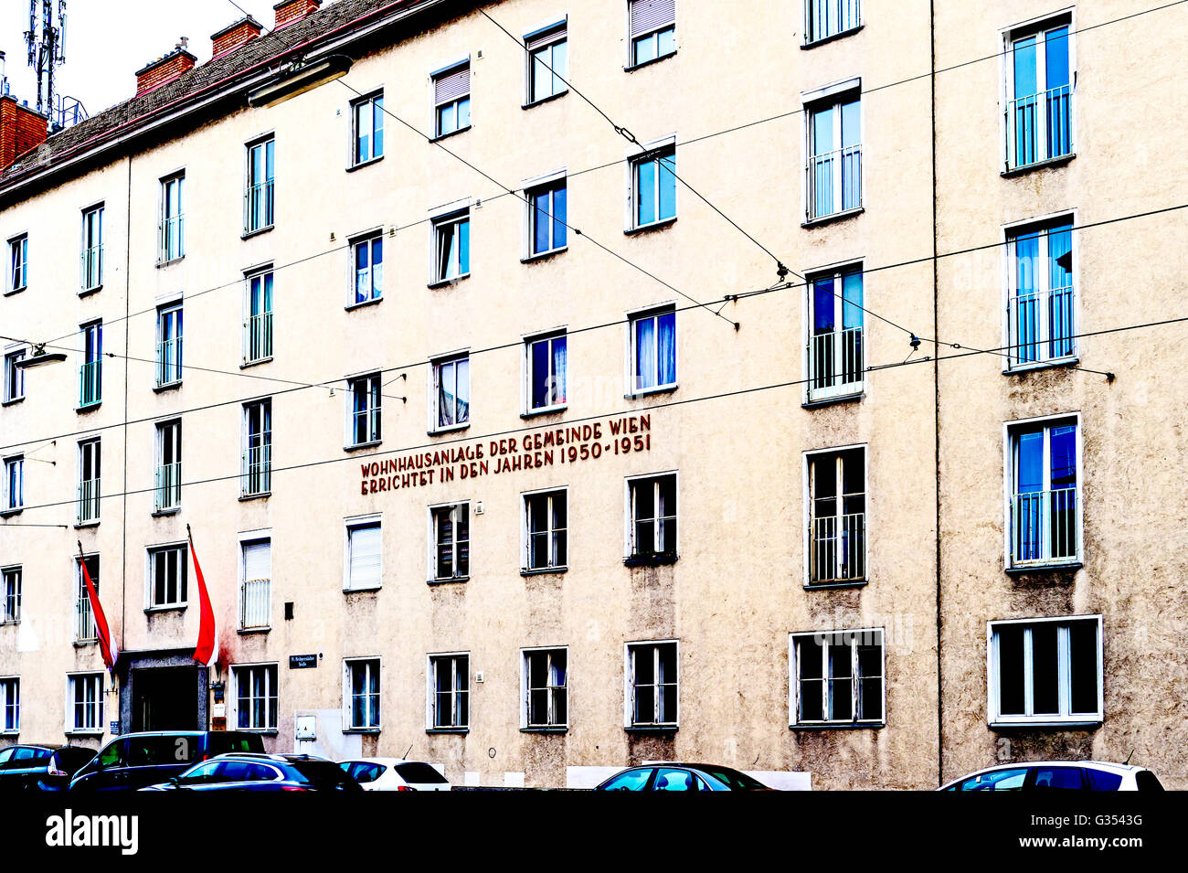 Wohnhauskomplex in Wien, sog. Gemeindebau;  Wien, Österreich, "Gemeinde bauen", preiswerten Sozialwohnungen. Stockfoto