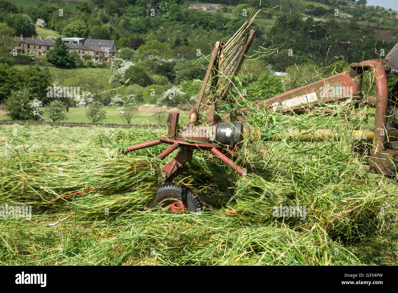 Bauernhof-Maschinerie Spinnen Rasen in einer Mähwiese in der englischen Landschaft. Stockfoto