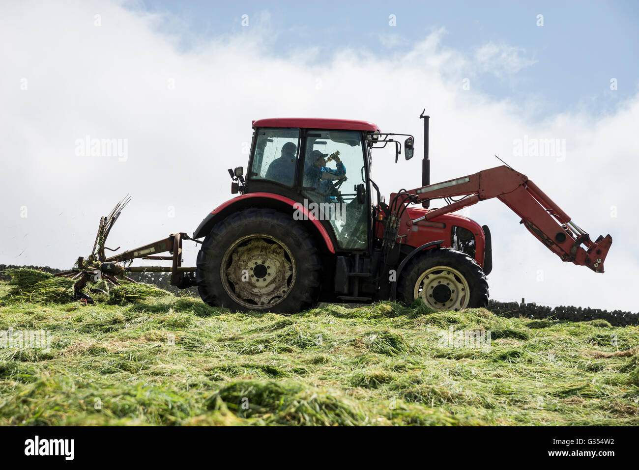 Ein roter Traktor drehen Rasen in einer Sommerwiese Heu in der englischen Landschaft zu trocknen. Vater und Sohn im Inneren des Traktors. Stockfoto