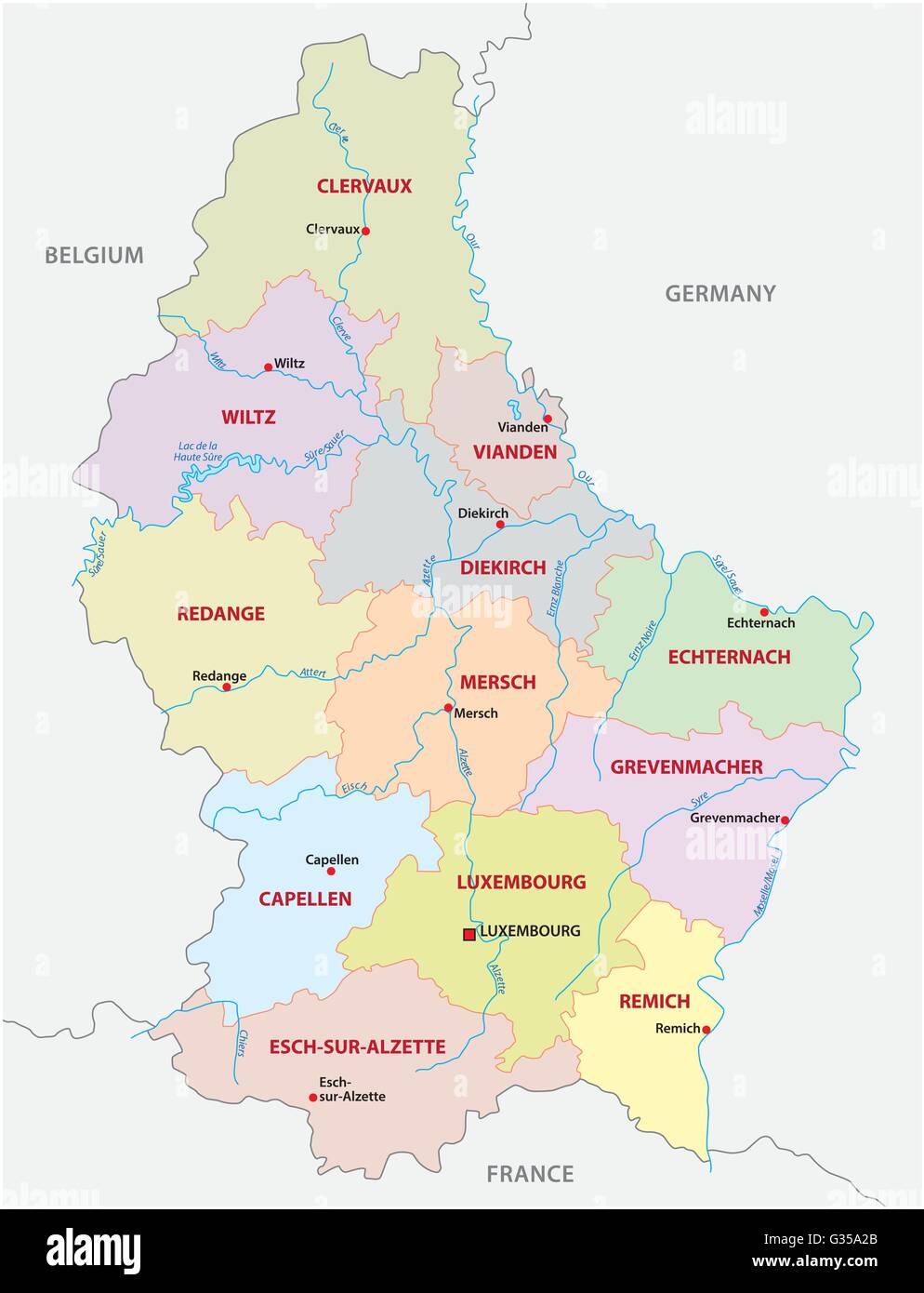administrative und politische (Kanton) Karte des Großherzogtums Luxemburg  Stock-Vektorgrafik - Alamy