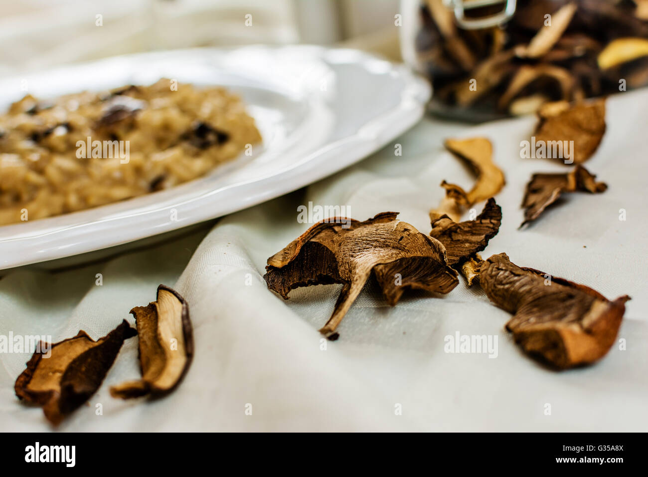 Getrocknete Pilze und traditionellen italienischen Risotto auf weißen Teller Stockfoto