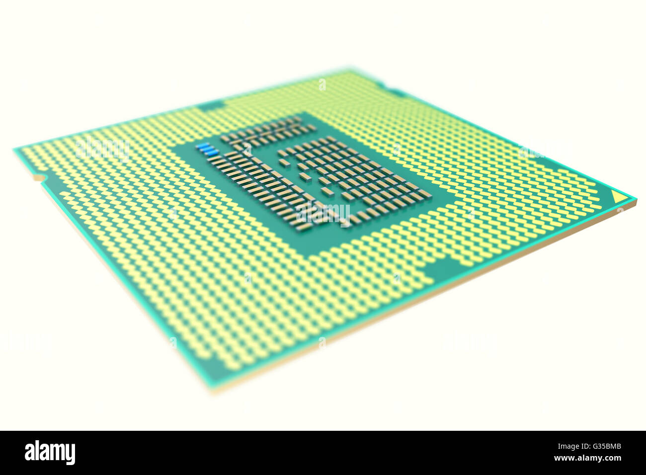 CPU-Chip, zentrale Verarbeitungseinheit, isoliert auf weiss mit Tiefe von Feld-Effekte. 3D illustration Stockfoto