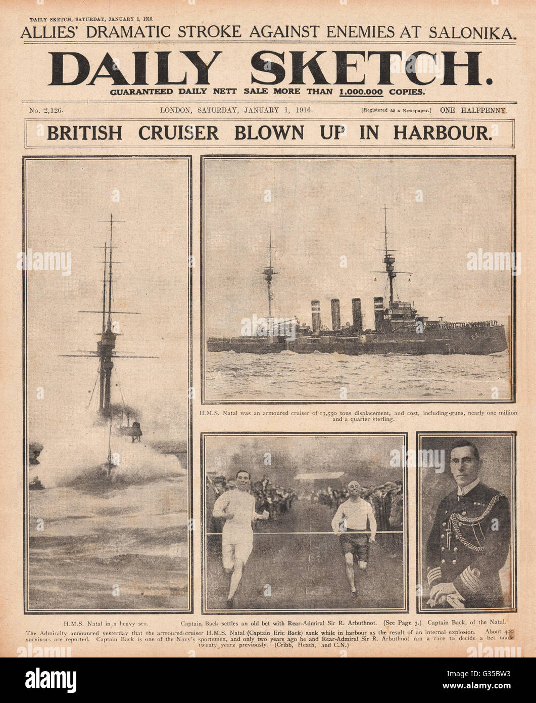 1916 Daily Sketch Munitions Explosion sinkt HMS Natal Stockfoto