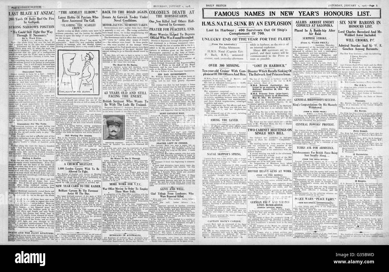 1916 Daily Sketch Munitions Explosion sinkt HMS Natal Stockfoto