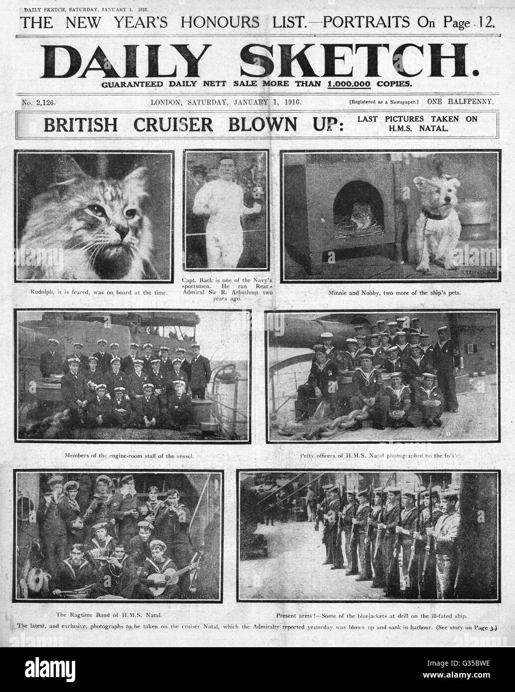 1916 Daily Sketch Munitions Explosion sinkt HMS Natal Stockfoto