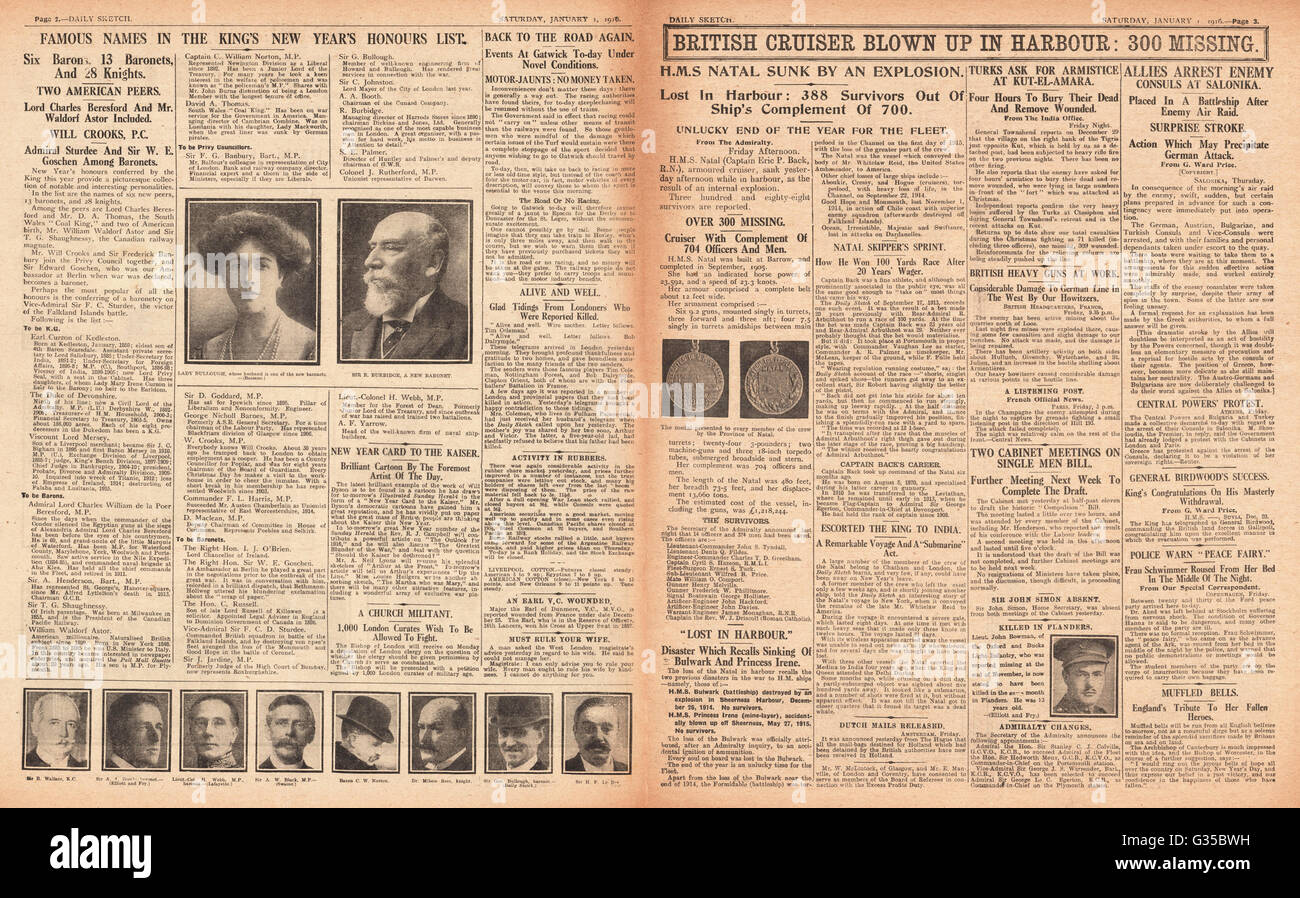 1916 Daily Sketch Munitions Explosion sinkt HMS Natal Stockfoto