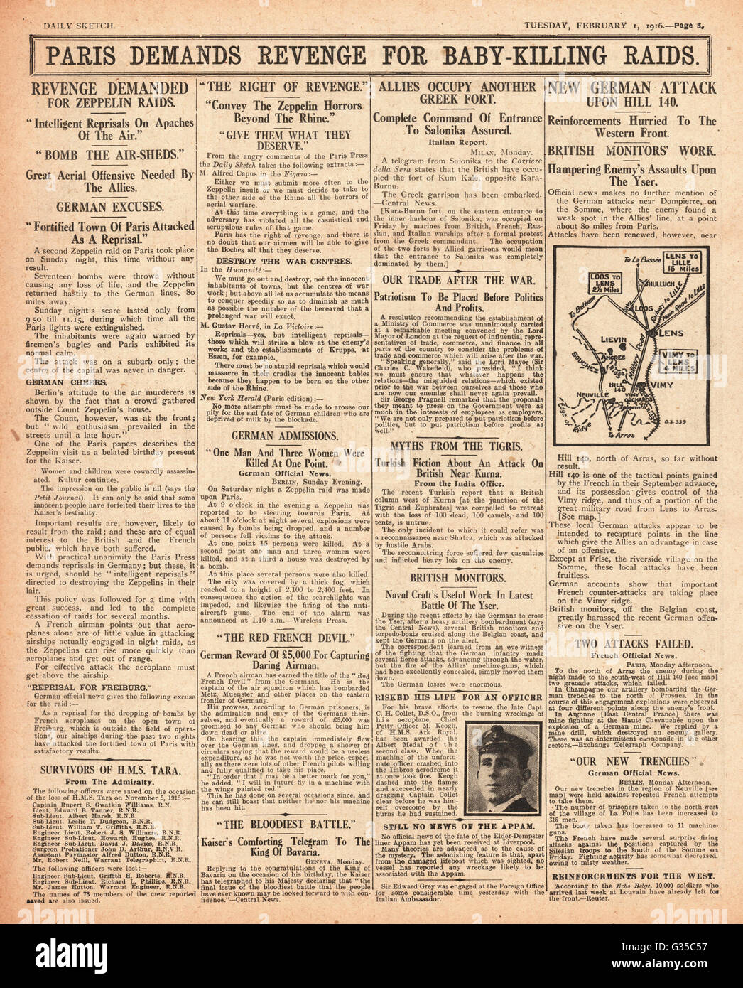 1916 Daily Sketch Deutsche Luftangriffe auf Paris Stockfoto