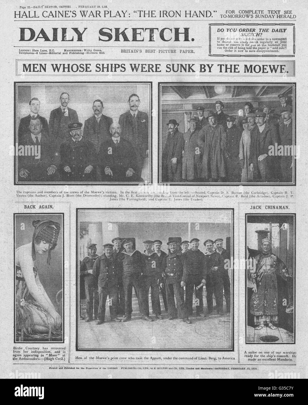 1916 Daily Sketch britischer Liner SS Appam gesiezed by German cruiser SMS Möwe Stockfoto