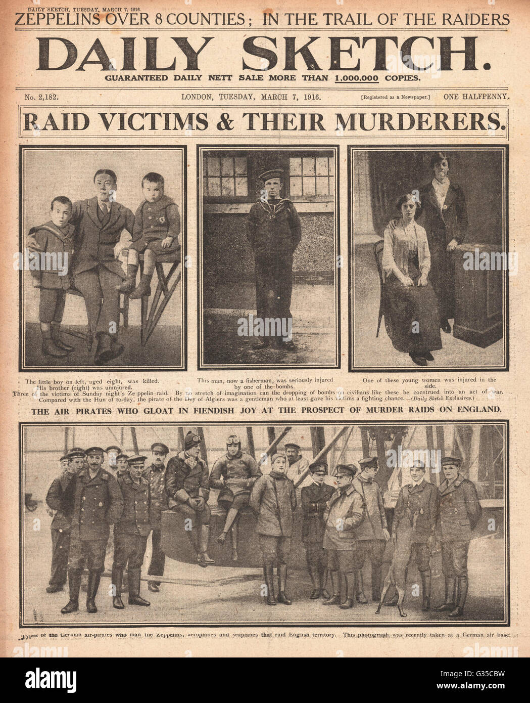 1916 Daily Sketch Opfer von Zeppelin-Überfällen und deutschen Fliegern Stockfoto