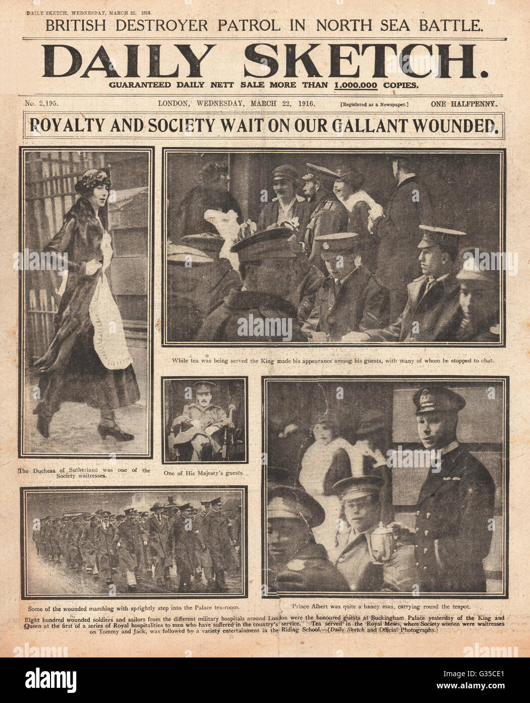 1916 Daily Sketch der König unterhält verwundete Soldaten Stockfoto