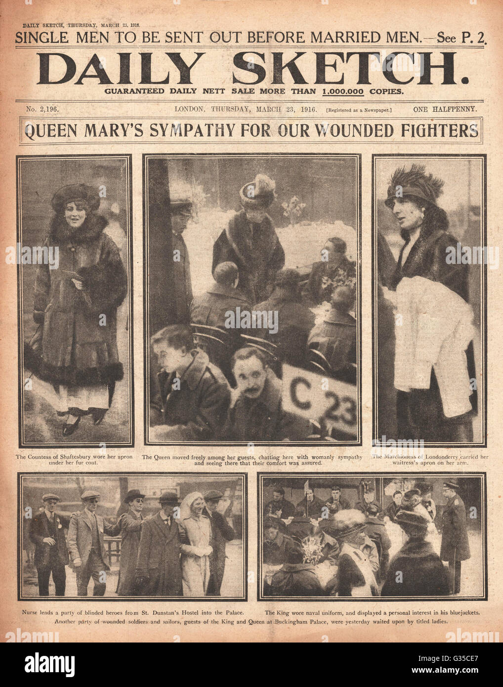 1916 Daily Sketch Königin Mary unterhält verwundete Soldaten Stockfoto