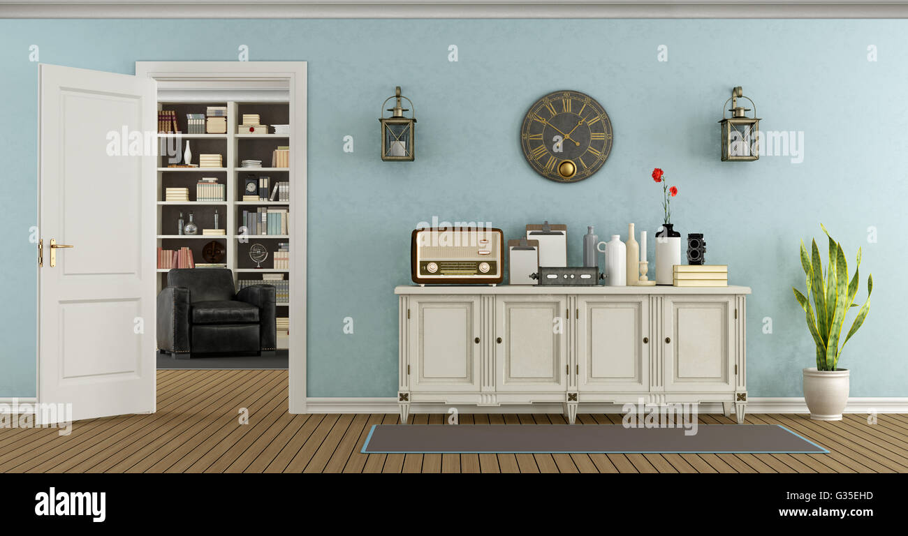 Retro-Wohnzimmer mit Sideboard und offene Tür mit Bücherregal im Hintergrund - 3d rendering Stockfoto