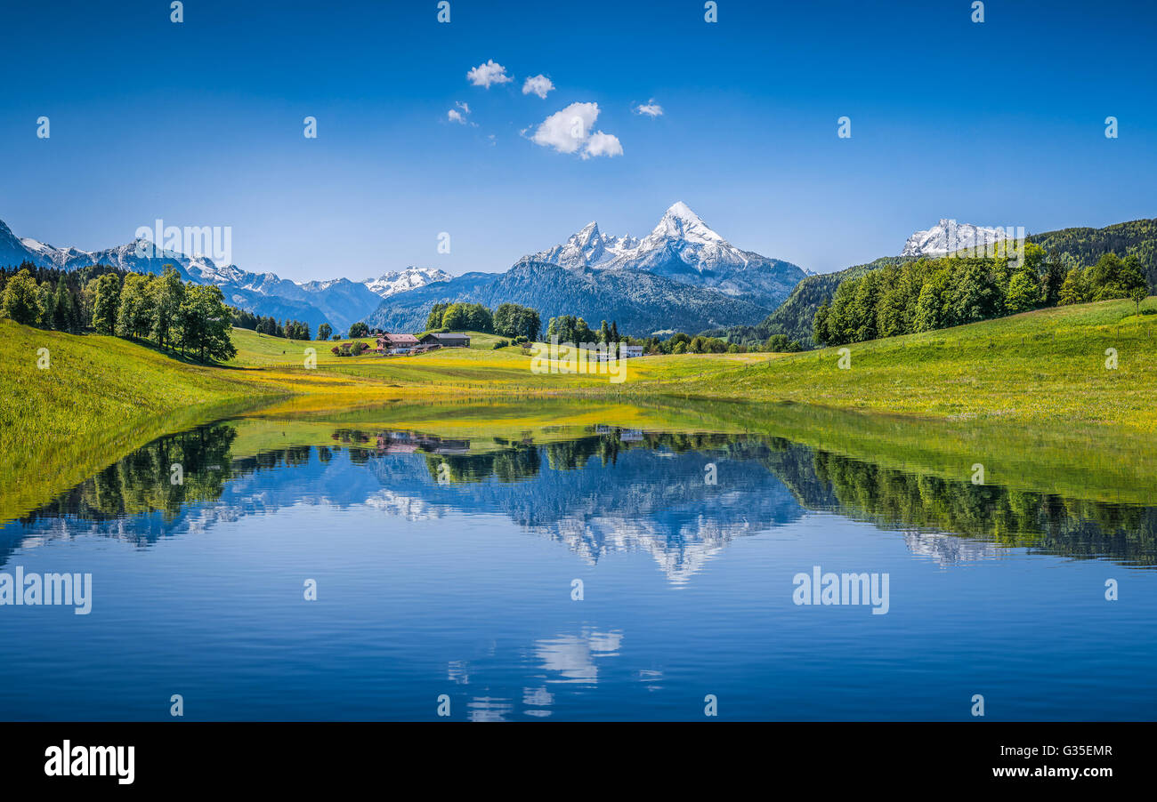 Panoramablick über idyllische Sommerlandschaft in den Alpen mit klaren Bergsee und frische grüne schneebedeckten Almen Stockfoto