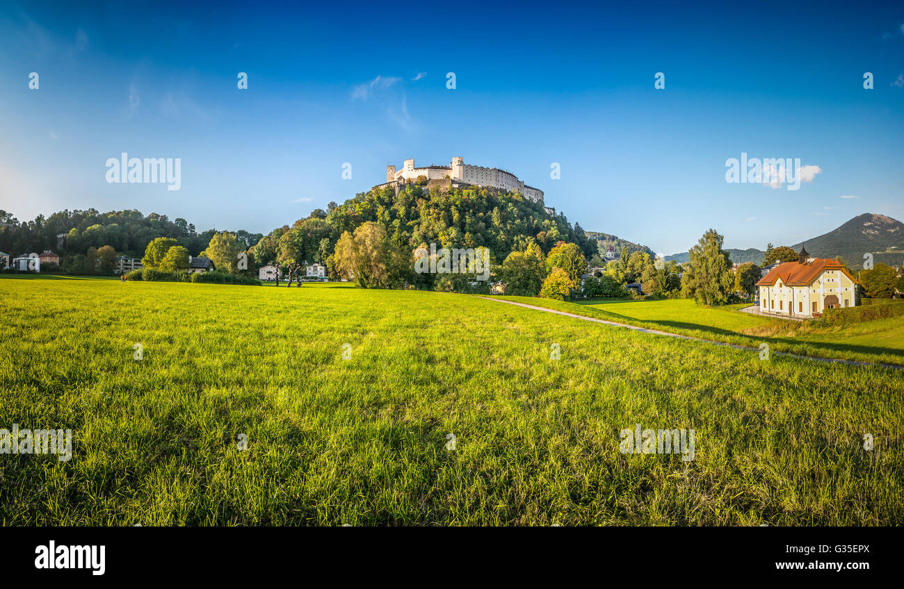 Schöne Aussicht auf die idyllische Sommer Felder mit Festung Hohensalzburg an einem klaren Sommertag bei Sonnenuntergang in Salzburg, Salzburger Land, Stockfoto