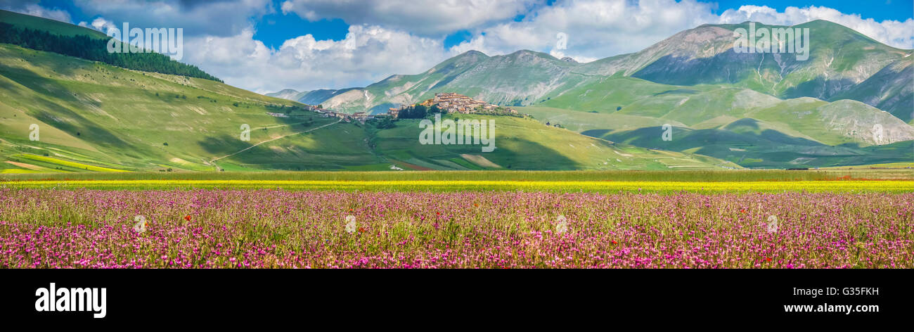 Schönen Sommerlandschaft am Piano Grande mit Dorf Castelluccio di Norcia und Berg-Plateau in den Apenninen, Umbrien, Italien Stockfoto
