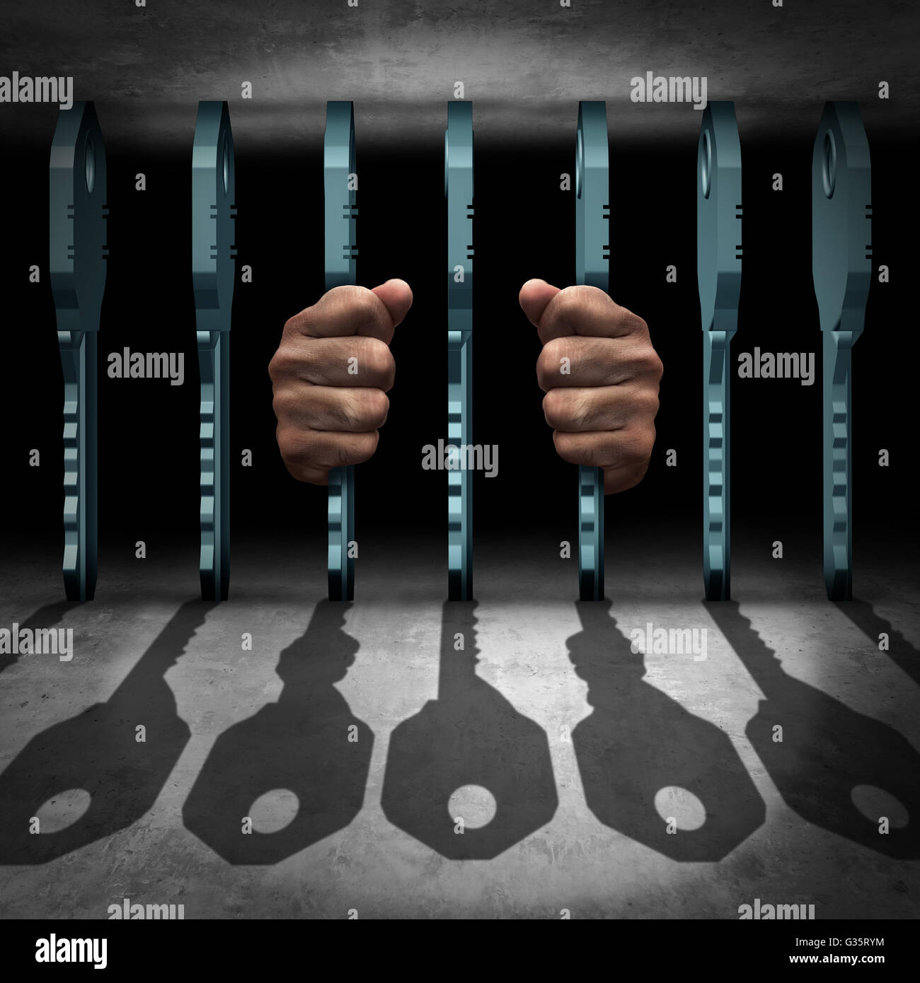 Gefängnis Schlüsselbegriff als Person hinter Gittern Gefängnis hergestellt aus Metall Schlüssel wirft einen Schatten der Objekte als Sicherheit Metapher für Passwort oder Internet Firewall-Schutz mit 3D Abbildung Elemente. Stockfoto