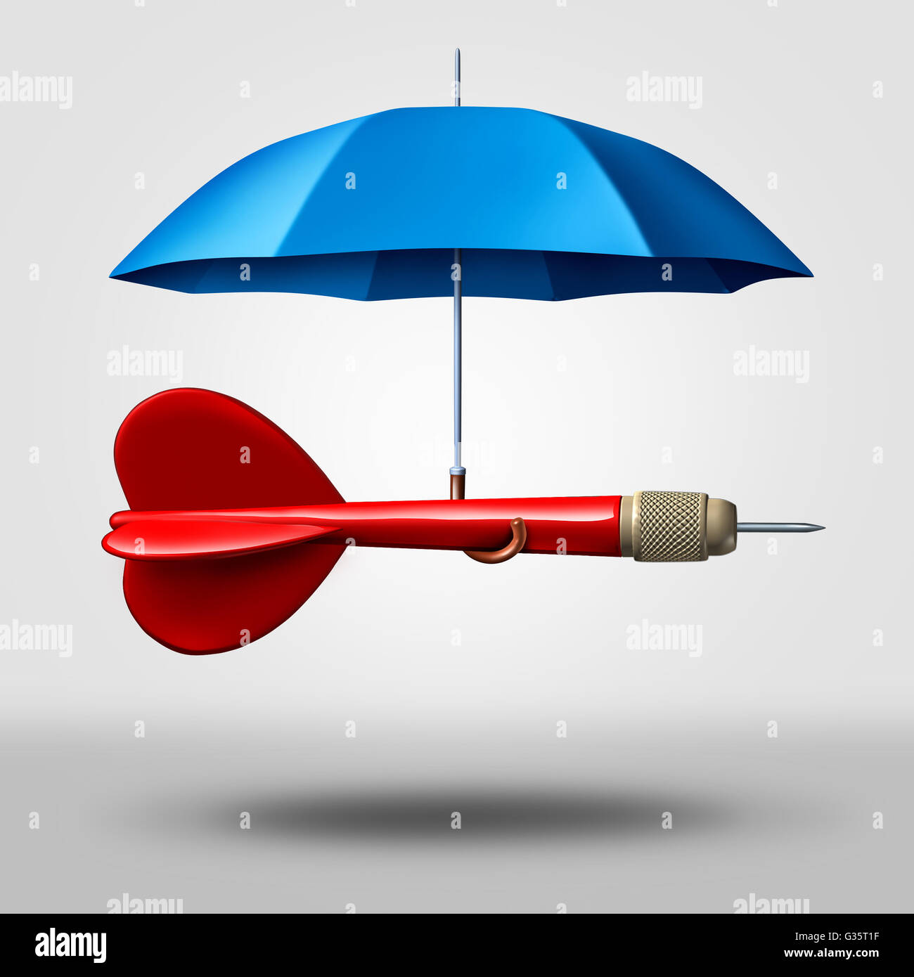 Schutzkonzept Business Strategie als ein Dart unterstützt und geschützt durch einen Regenschirm als Metapher für die Sicherheit auf ein Ziel und Plan als eine 3D Darstellung. Stockfoto