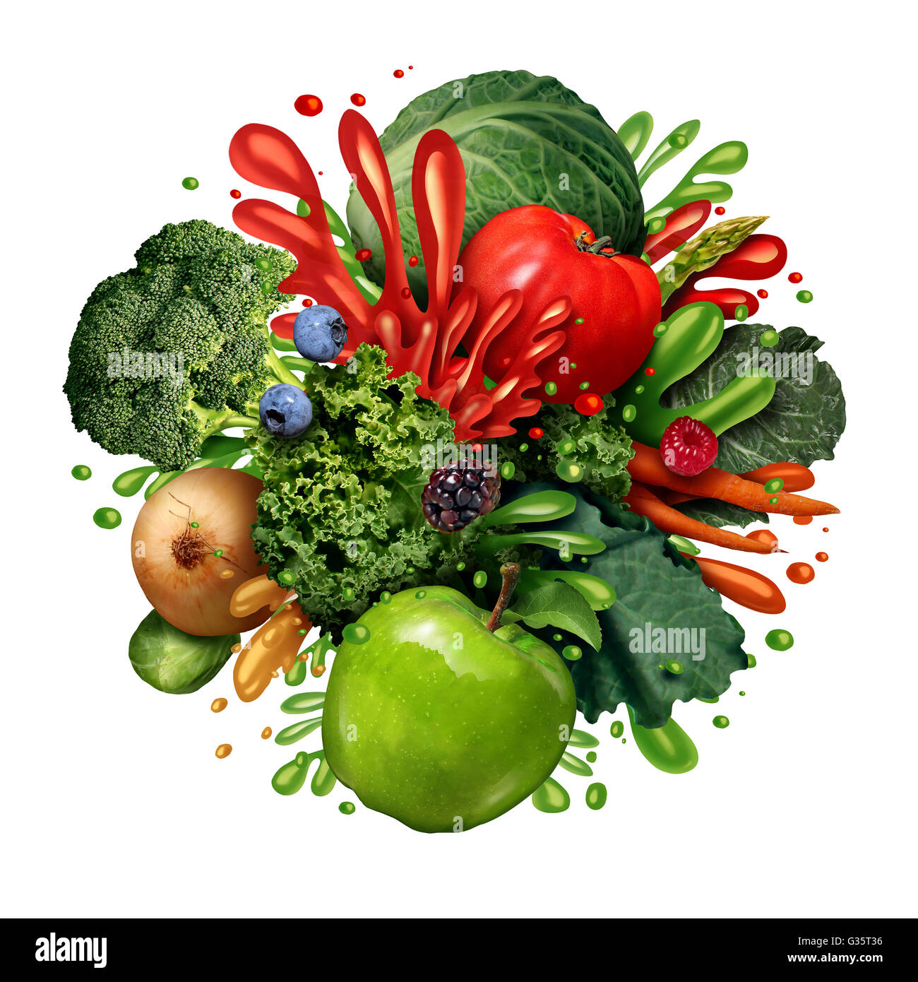 Gemüse Obst Saft Spritzen als eine Gruppe von frischem Obst und Gemüse mit flüssigen Tropfen Spritzwasser als gesunde Smoothie oder Gesundheit Getränk Konzept isoliert auf einem weißen Hintergrund in einer Foto-realistische Darstellung. Stockfoto