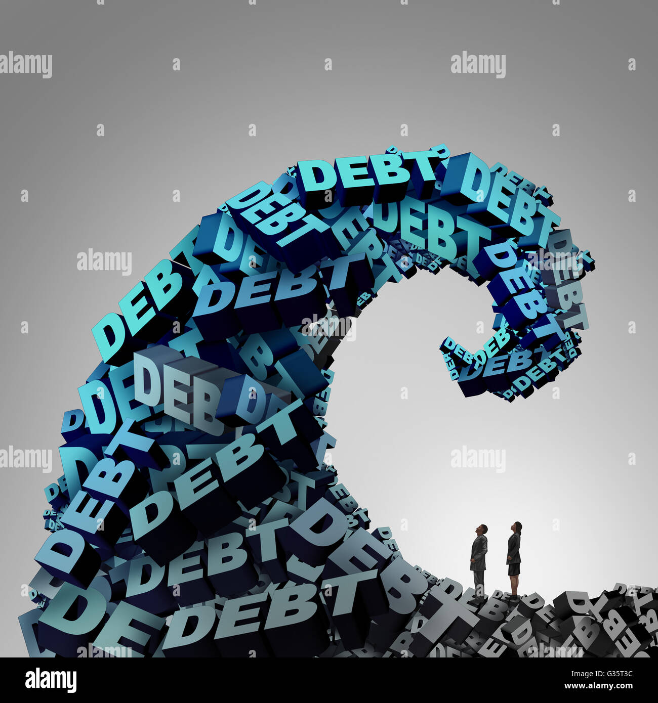 Schulden Druck Finanzkonzept wie eine riesige Welle oder Tide 3D-Illustration Text als eine Finanz- und Wirtschaftskrise Metapher für Geld Problem Risiko- und Budget Management Mühe gemacht. Stockfoto