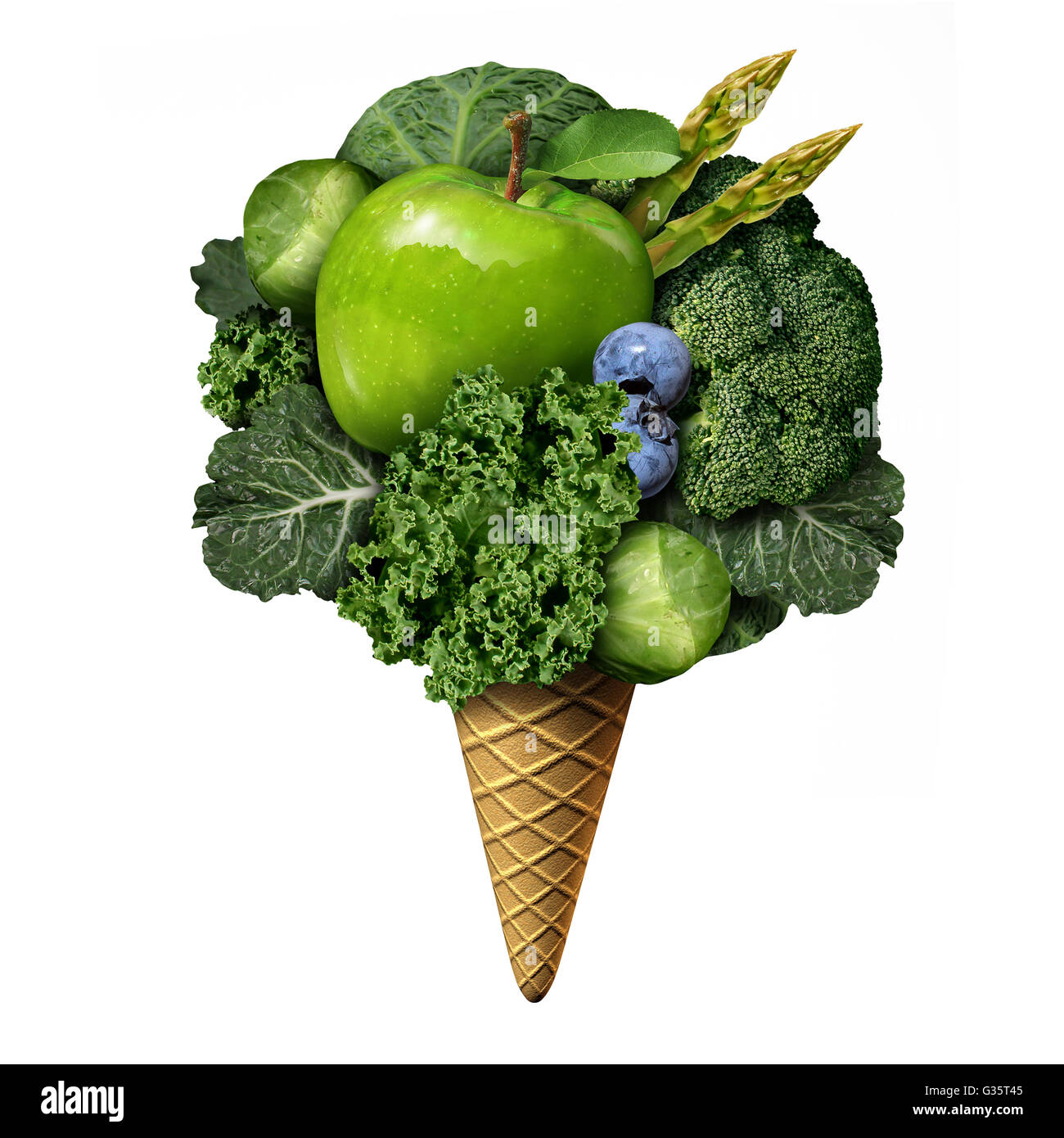 Sommer gesunde Ernährung Konzept als grüne Frucht und Gemüse behandelt als nahrhafte Snacks als Gesundheits- und Fitnesss Metapher für gute Essgewohnheiten während der heißen Tage mit 3D Abbildung Elemente als ein Eis auf einem Kegel geformt. Stockfoto