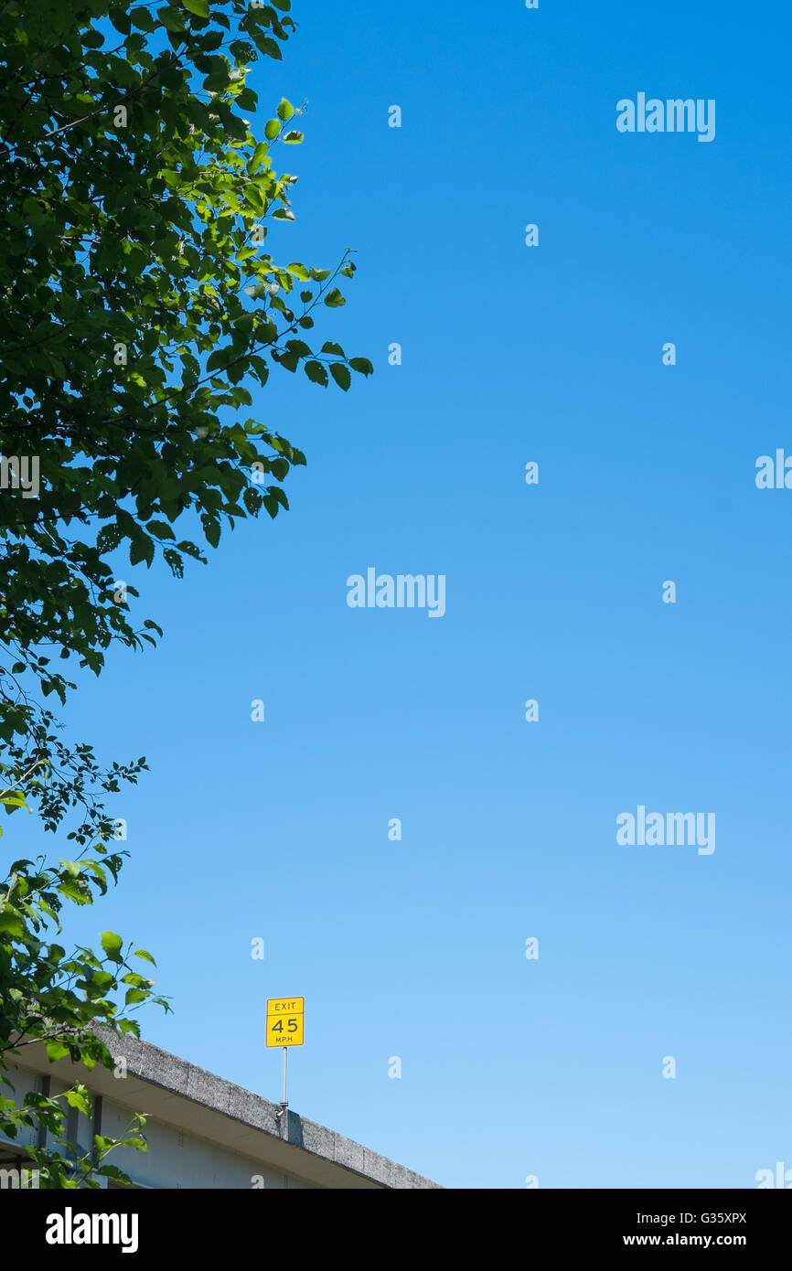 Eine gelbe 45 km/h gedreht Autobahn Ausfahrt mit Bäumen und blauen Himmel aus einem niedrigen Winkel in den USA Stockfoto