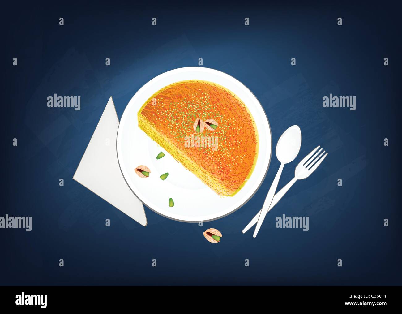 Arabische Küche, Kanafeh oder traditionellen levantinischen Käse Gebäck Richtfest mit Pistazie Pulver und Sirup auf Tafel. Einer der Th Stock Vektor