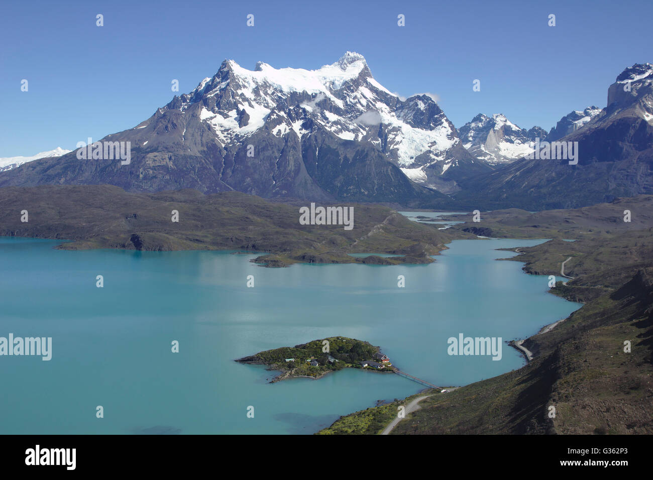 Cerro Paine Grande und See Pehoe vom Mirador Condor, Torres del Paine Nationalpark, Chile Stockfoto