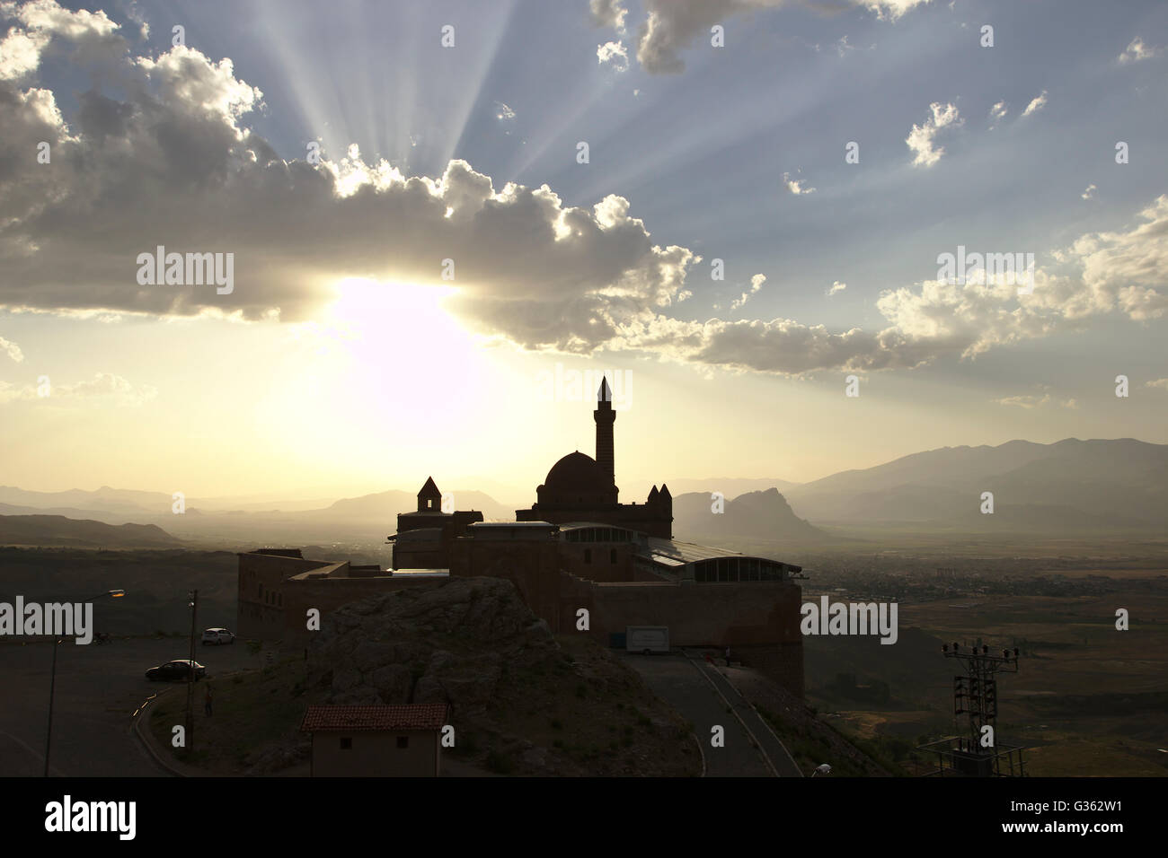 Ishak Pasa Palast bei Sonnenuntergang, in der Nähe von Dogubayazit, Türkei Stockfoto