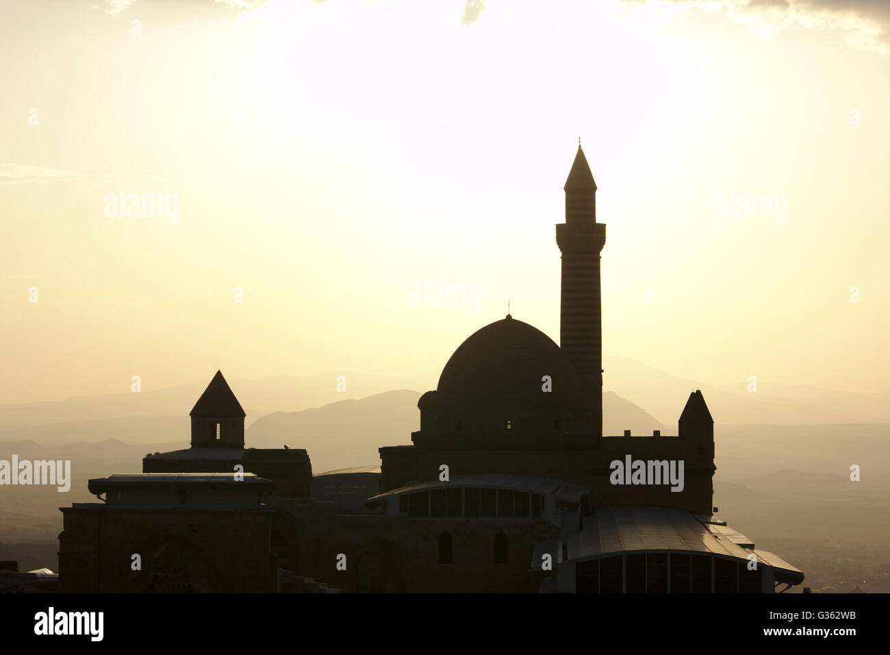 Ishak Pasa Palast bei Sonnenuntergang, in der Nähe von Dogubayazit, Türkei Stockfoto