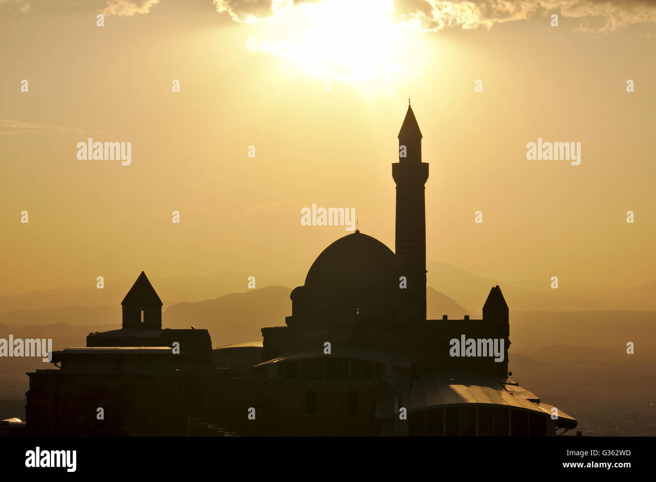 Ishak Pasa Palast bei Sonnenuntergang, in der Nähe von Dogubayazit, Türkei Stockfoto