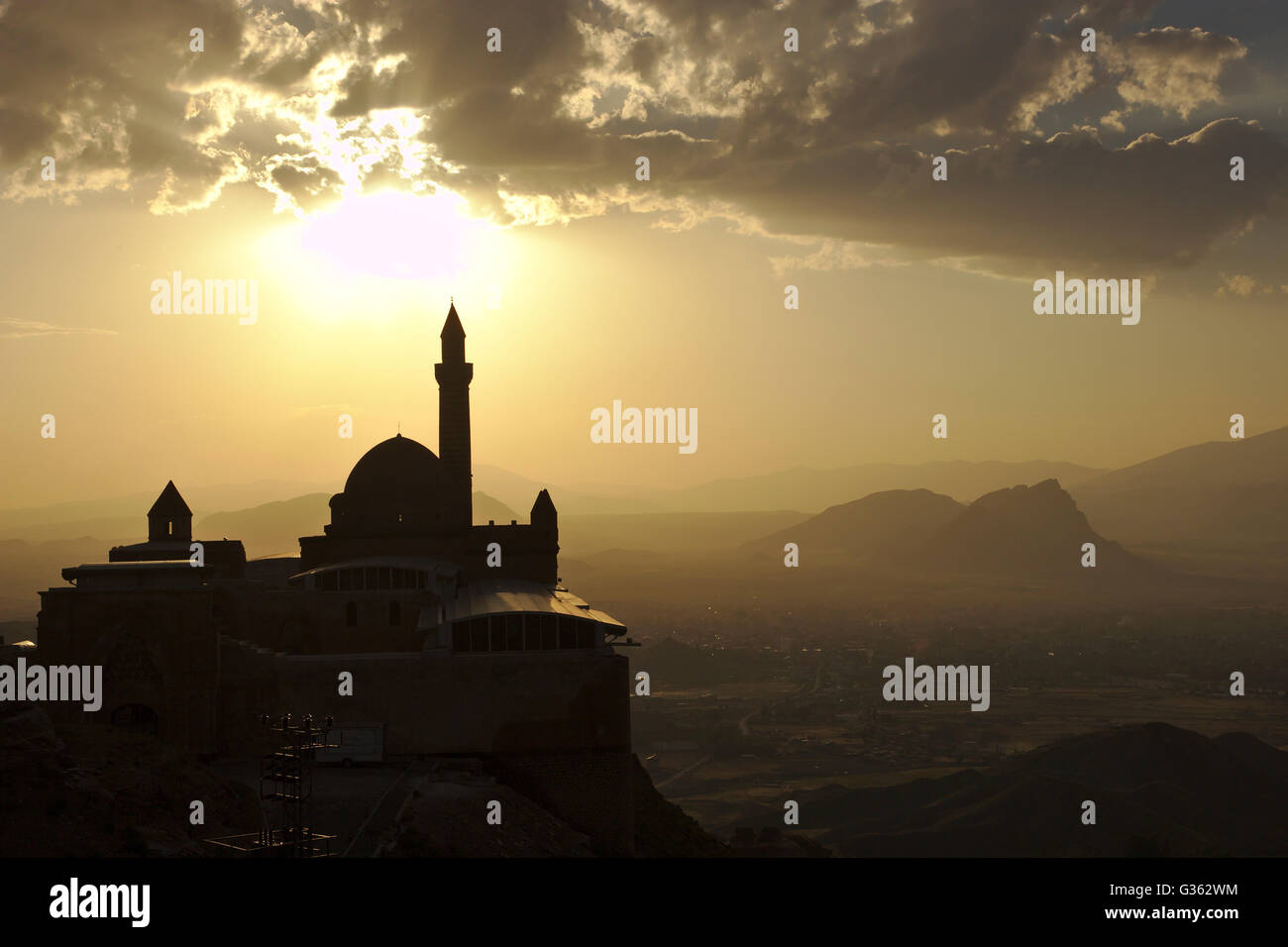 Ishak Pasa Palast bei Sonnenuntergang, in der Nähe von Dogubayazit, Türkei Stockfoto