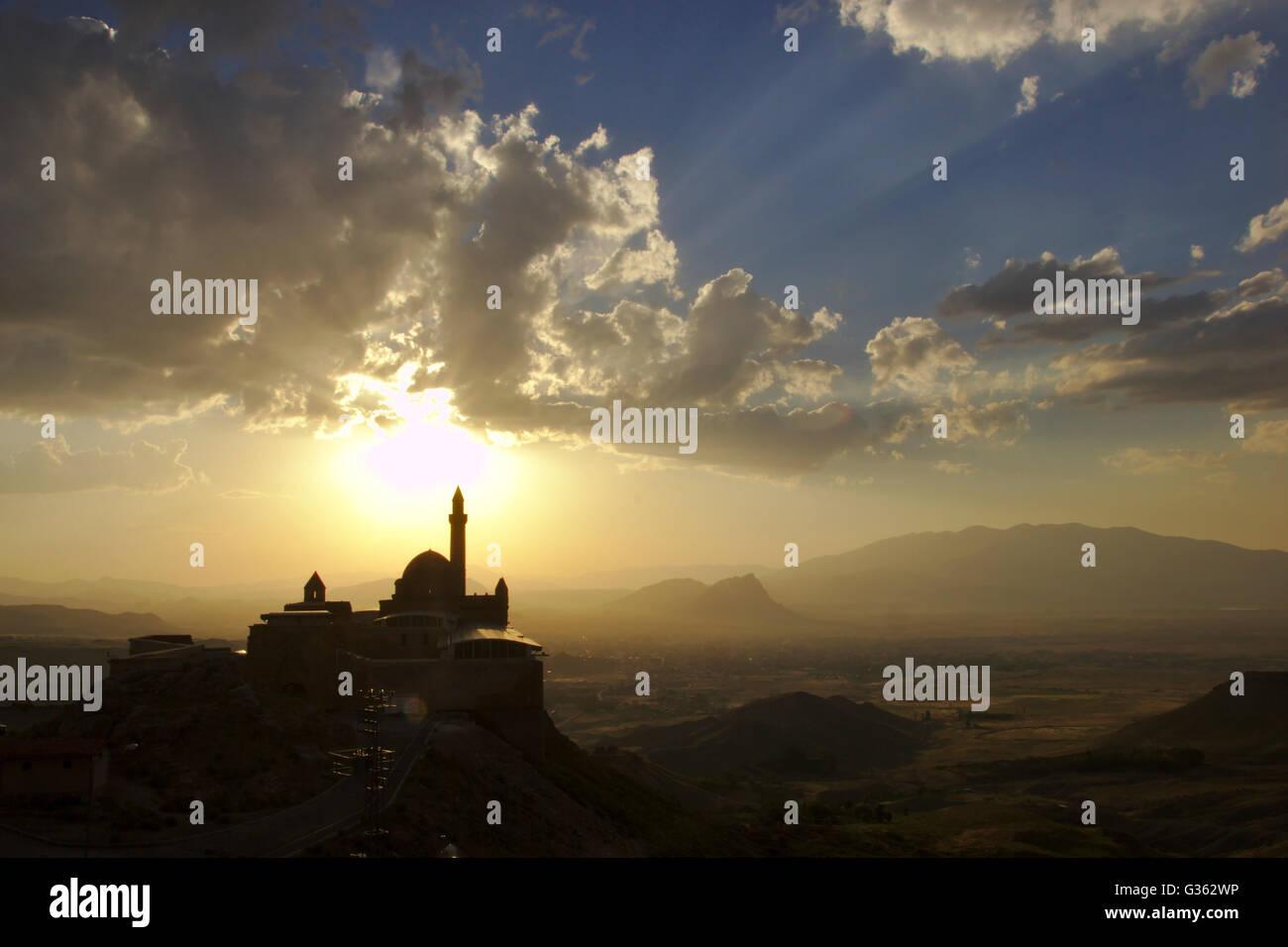 Ishak Pasa Palast bei Sonnenuntergang, in der Nähe von Dogubayazit, Türkei Stockfoto