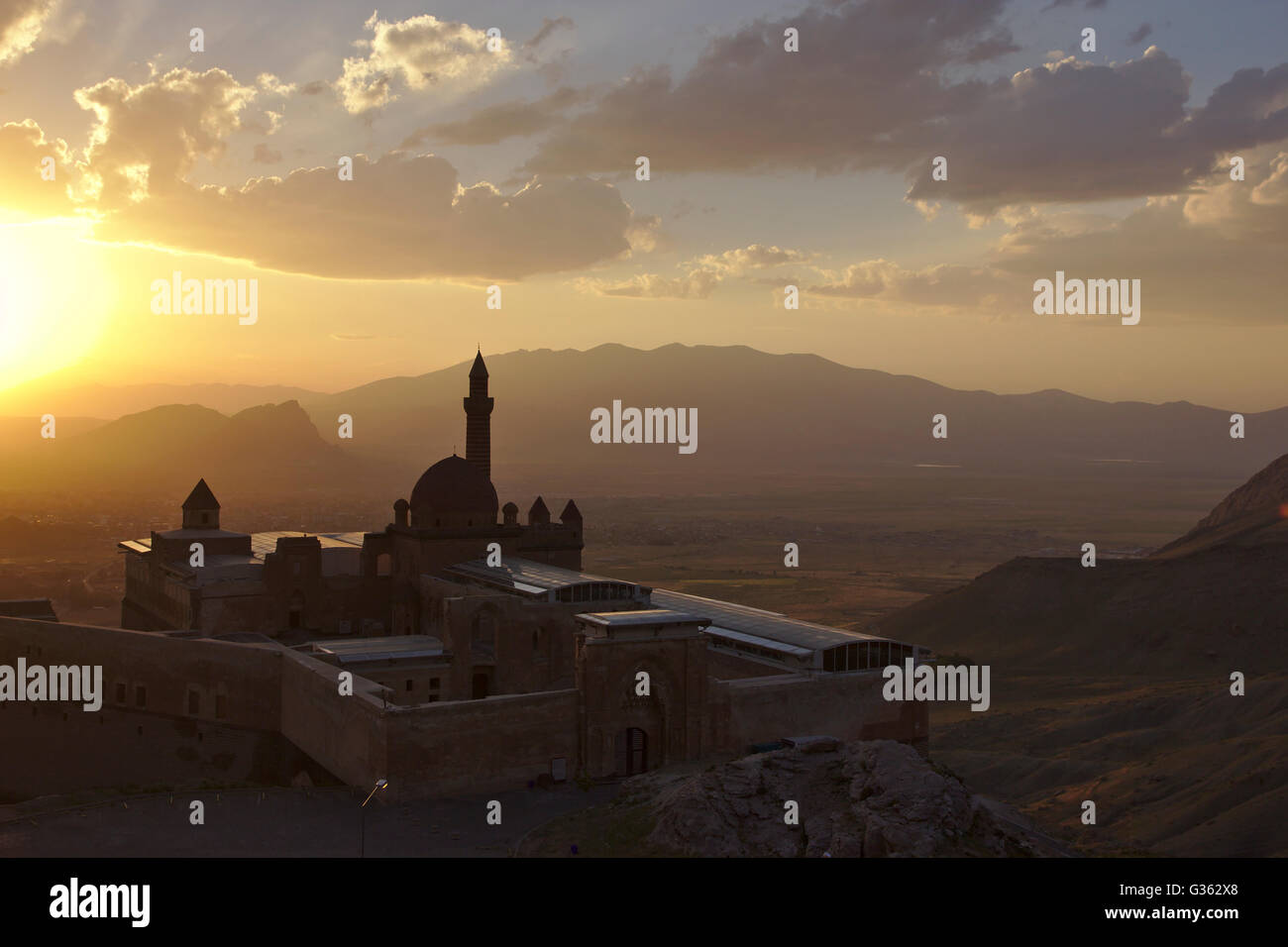 Ishak Pasa Palast bei Sonnenuntergang, in der Nähe von Dogubayazit, Türkei Stockfoto