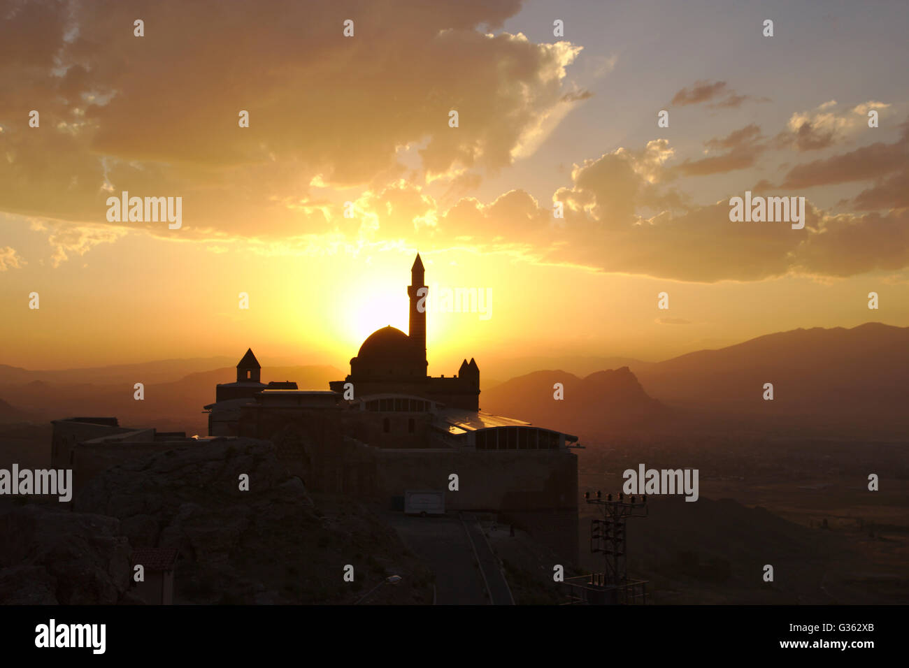 Ishak Pasa Palast bei Sonnenuntergang, in der Nähe von Dogubayazit, Türkei Stockfoto