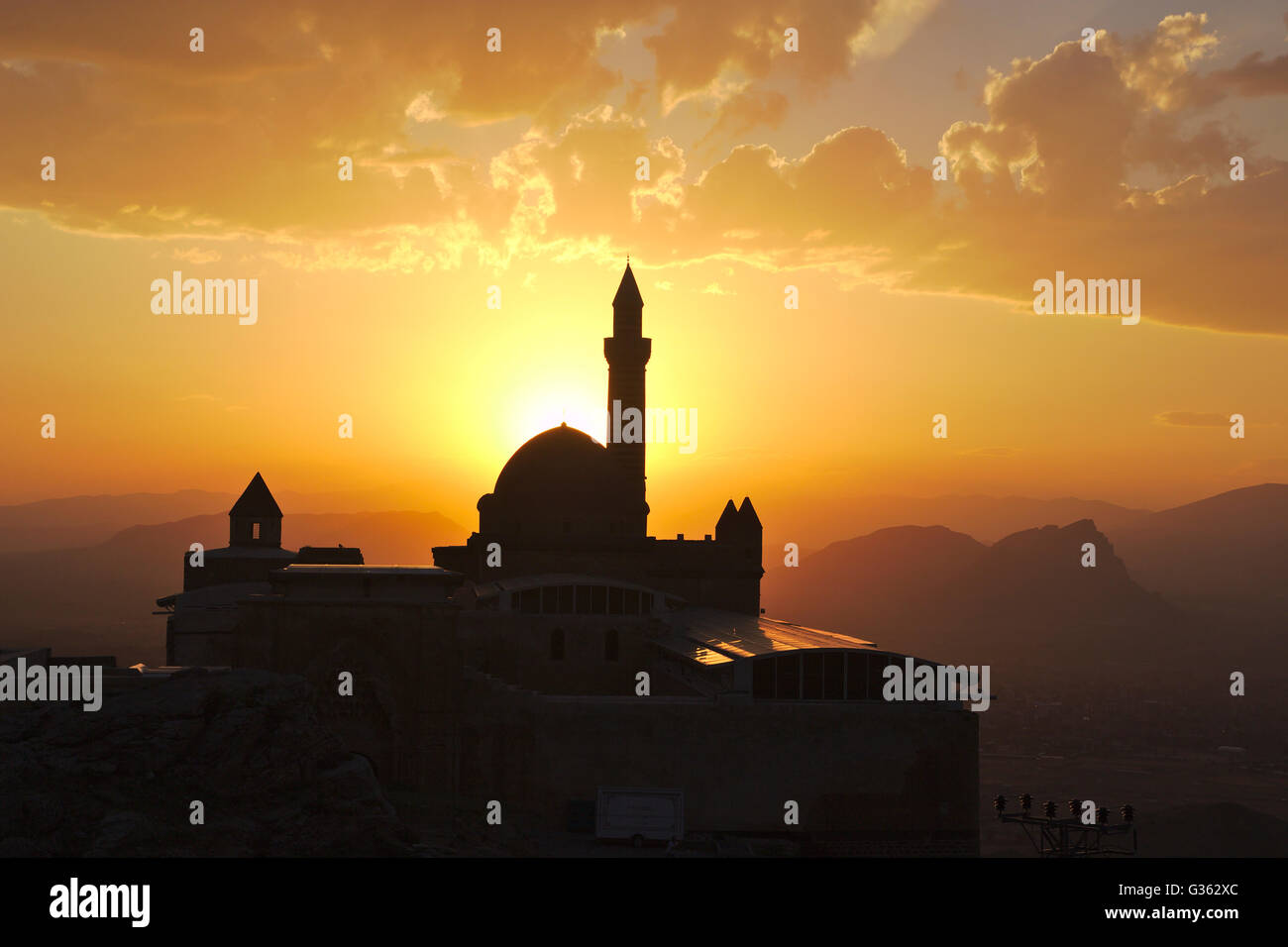 Ishak Pasa Palast bei Sonnenuntergang, in der Nähe von Dogubayazit, Türkei Stockfoto