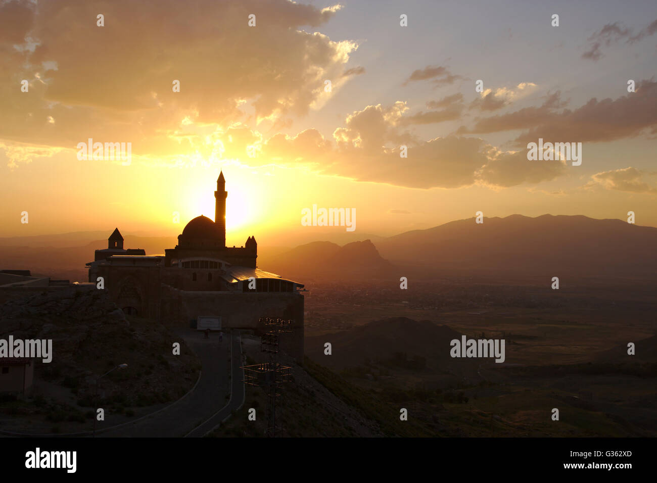 Ishak Pasa Palast bei Sonnenuntergang, in der Nähe von Dogubayazit, Türkei Stockfoto
