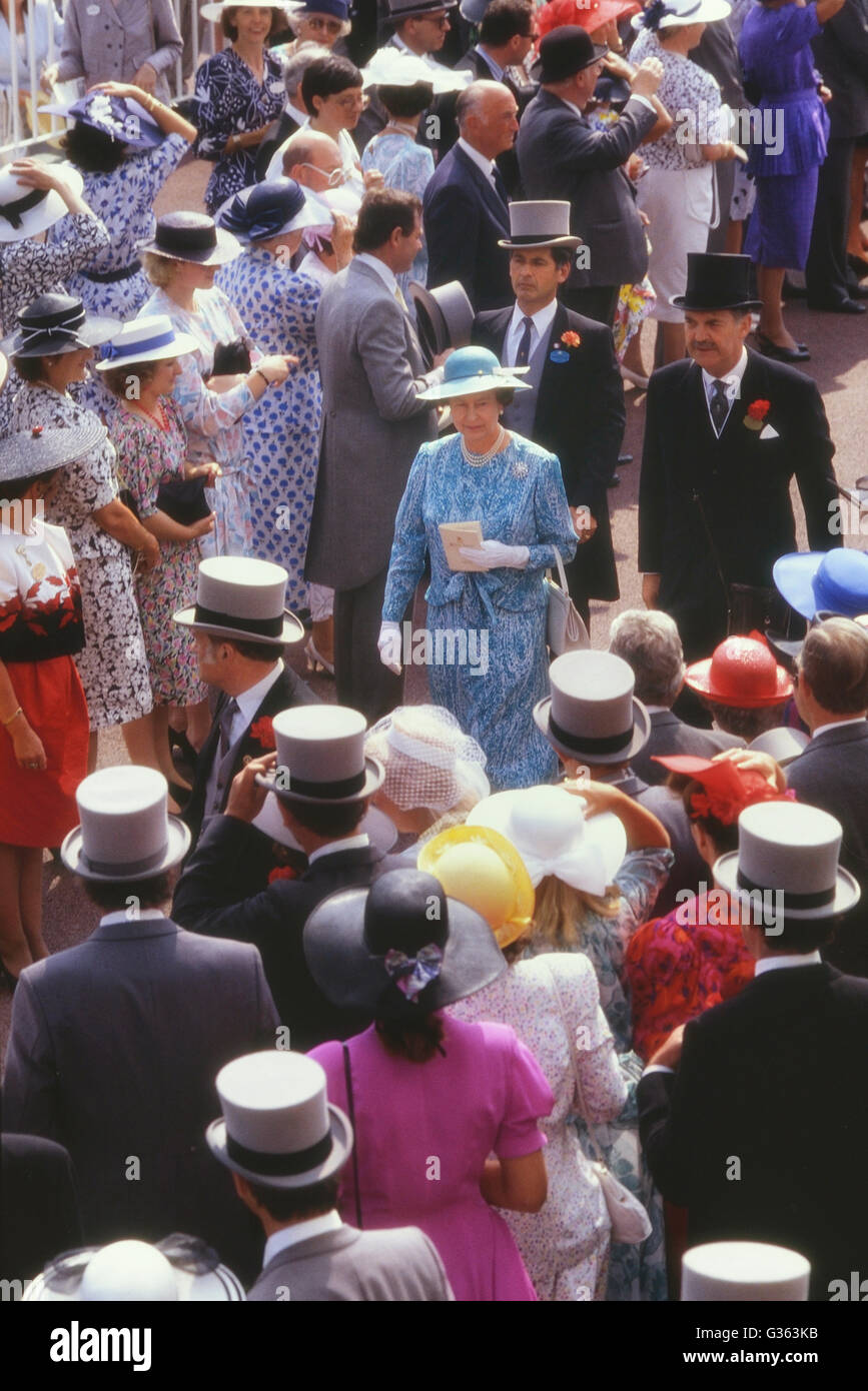 Königin Elizabeth II im Royal Gehäuse während der Rennwoche bei Ascot-Rennen. Berkshire. England. VEREINIGTES KÖNIGREICH. circa 1989 Stockfoto