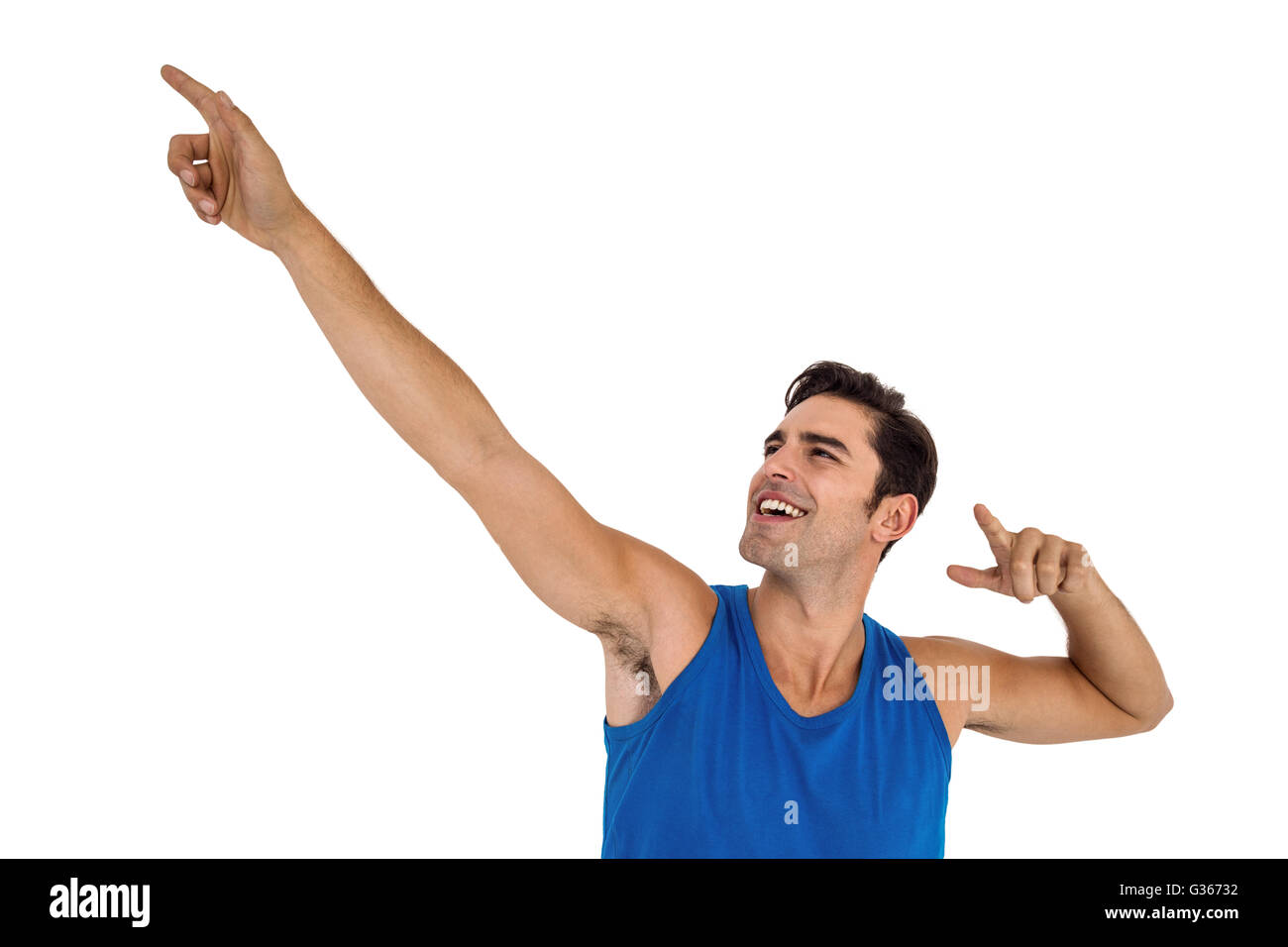 Männlicher Athlet posiert auf weißem Hintergrund Stockfoto