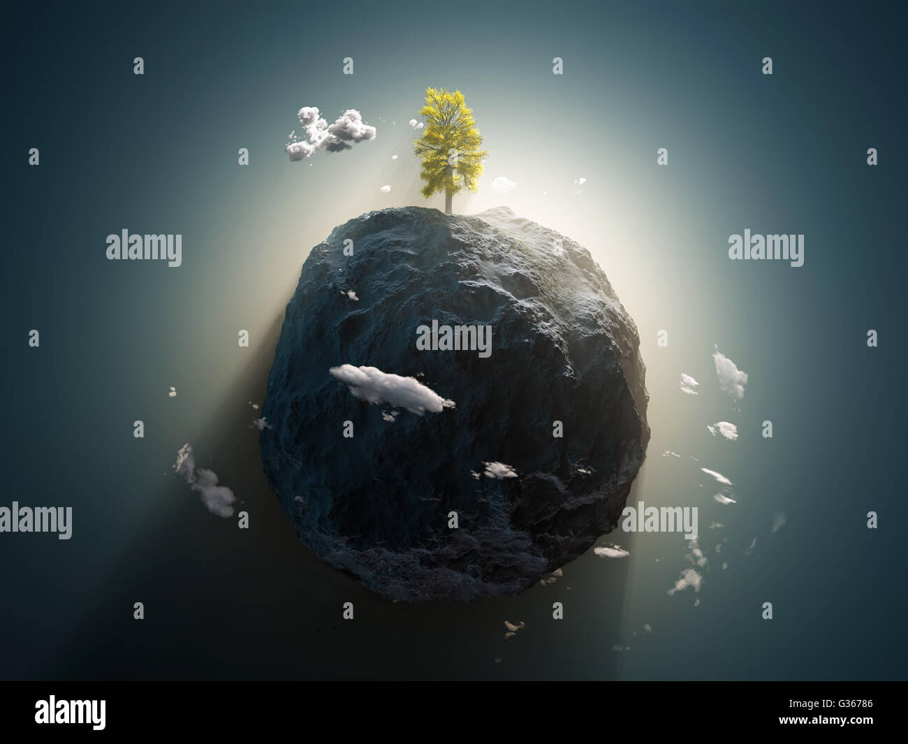 Einsamer Baum auf dem Stein Planeten Stockfoto