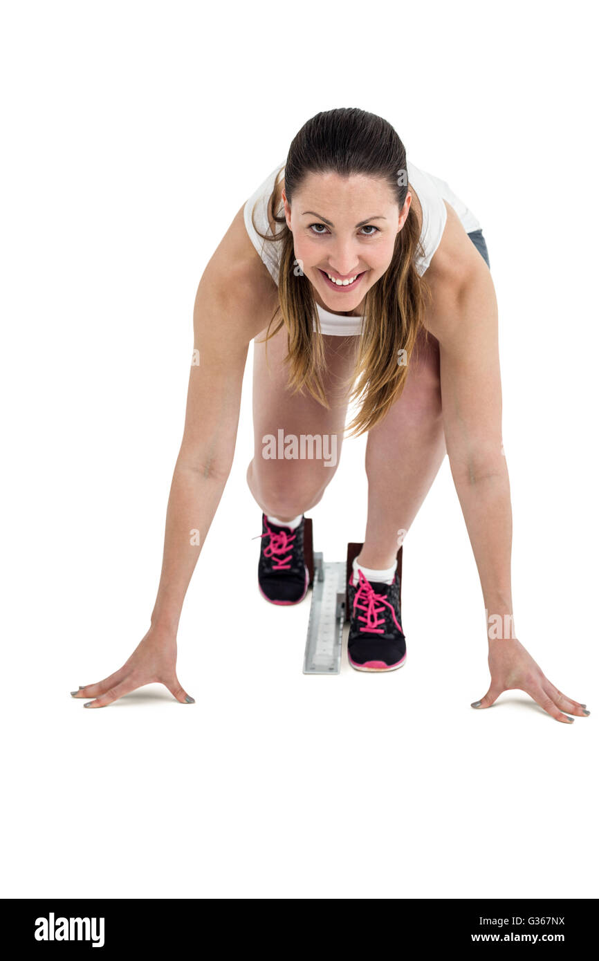 Porträt der Athlet Frau bereit, die Position laufen Stockfoto