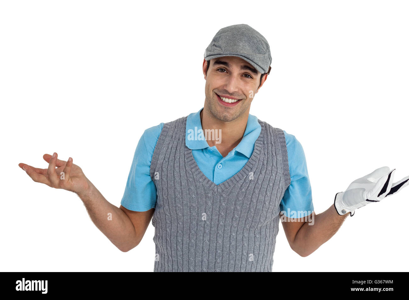 Zuversichtlich golf Player auf weißem Hintergrund posiert Stockfoto