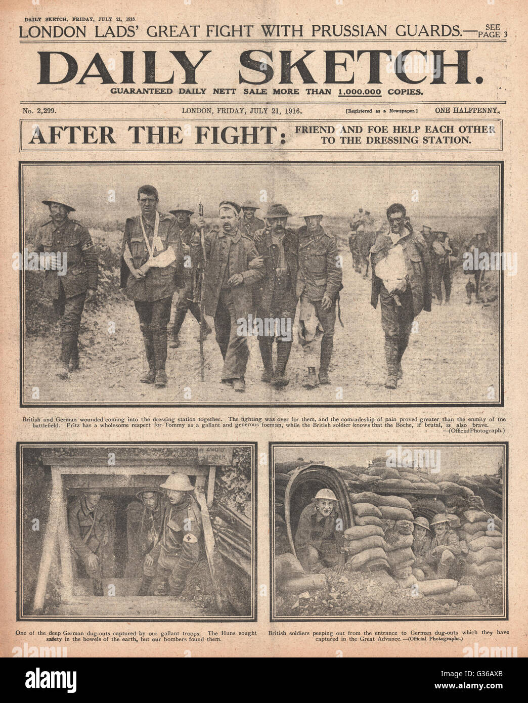 1916 Daily Sketch Britische und deutsche Verwundete Stockfoto