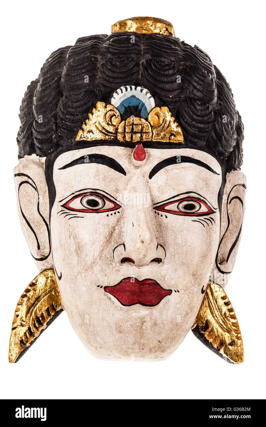 eine alte traditionelle indonesische Maske auf einem weißen Hintergrund isoliert Stockfoto