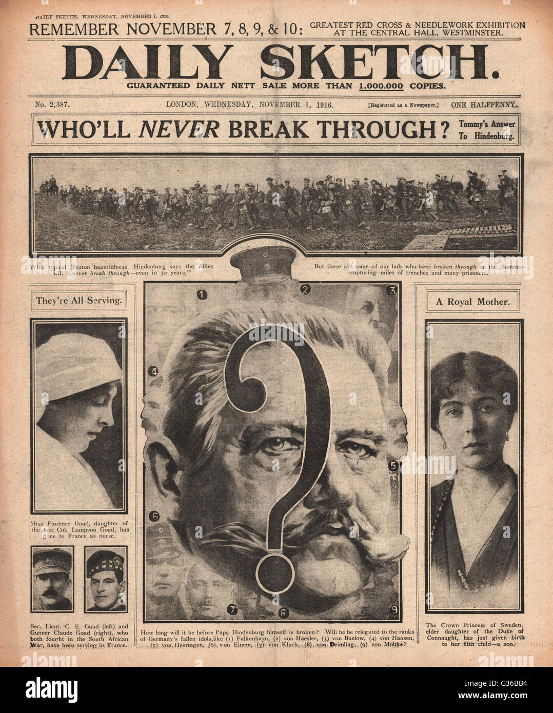 1916 daily Sketch Hindenburg sagt "Verbündeten nie durchbrechen werden" Stockfoto