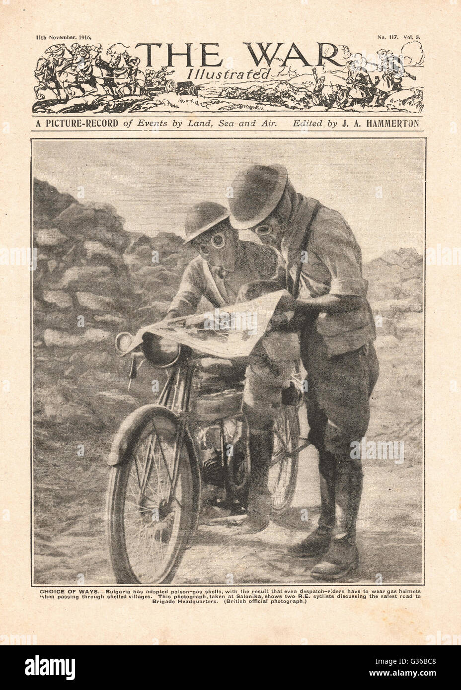 1916 der Krieg illustrierte Dispatch-Reiter mit Gasmasken Stockfoto