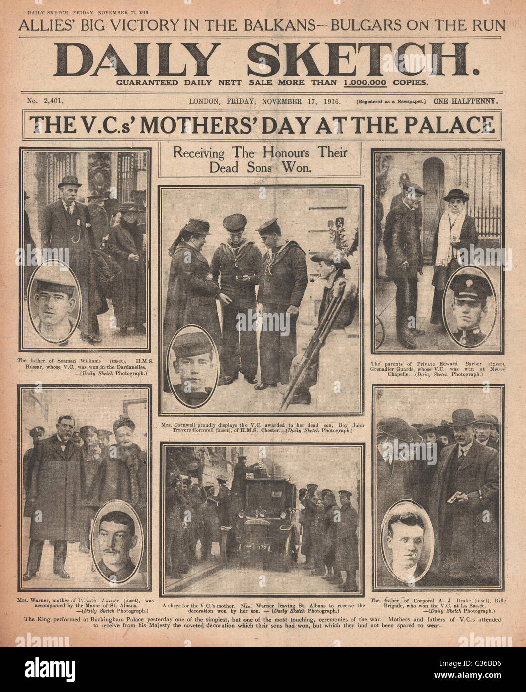 1916 Daily Sketch Eltern von VC-Empfängern im Buckingham Palace Stockfoto